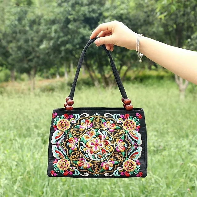 Women's Handbag Canvas Outdoor Holiday Embroidery Large Capacity Breathable Lightweight Folk Dark Red Black / Red Blue peacock