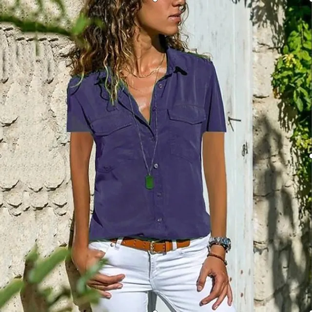 Women's Blouse Pocket Solid Colored Daily Shirt Collar T-shirt Sleeve Light Summer Blue Black Purple Dark Red Pink