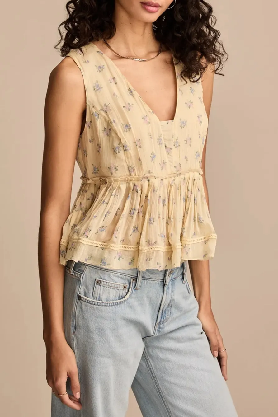 Cream Floral Printed Ruched Ruffle V Neck