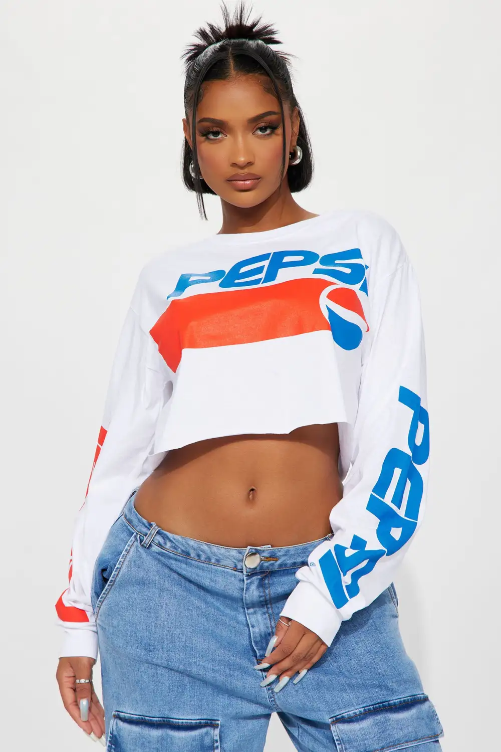 Pepsi Cola Long Sleeve Crop Top - White