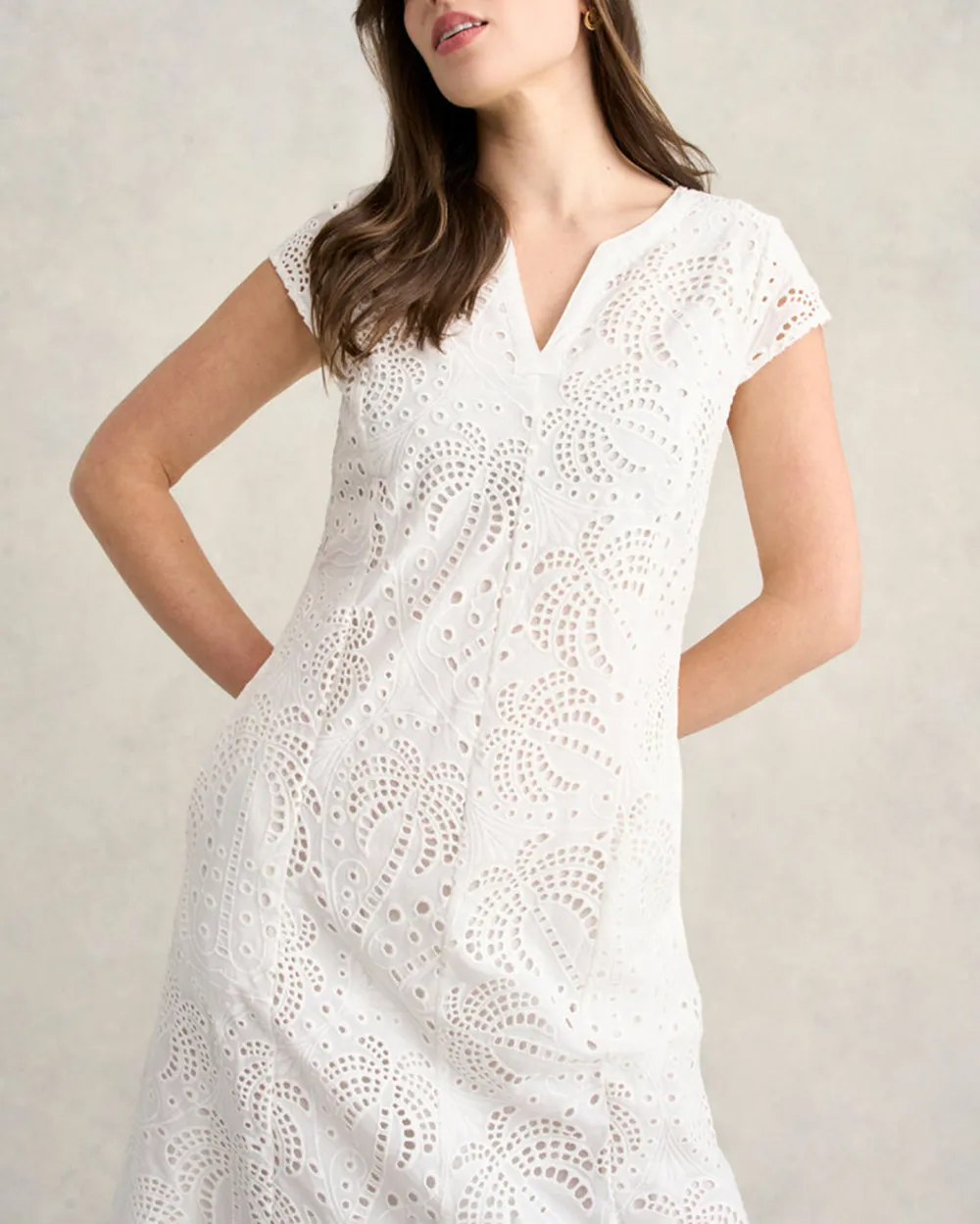 V Neck Short Sleeve Eyelet Midi Dress