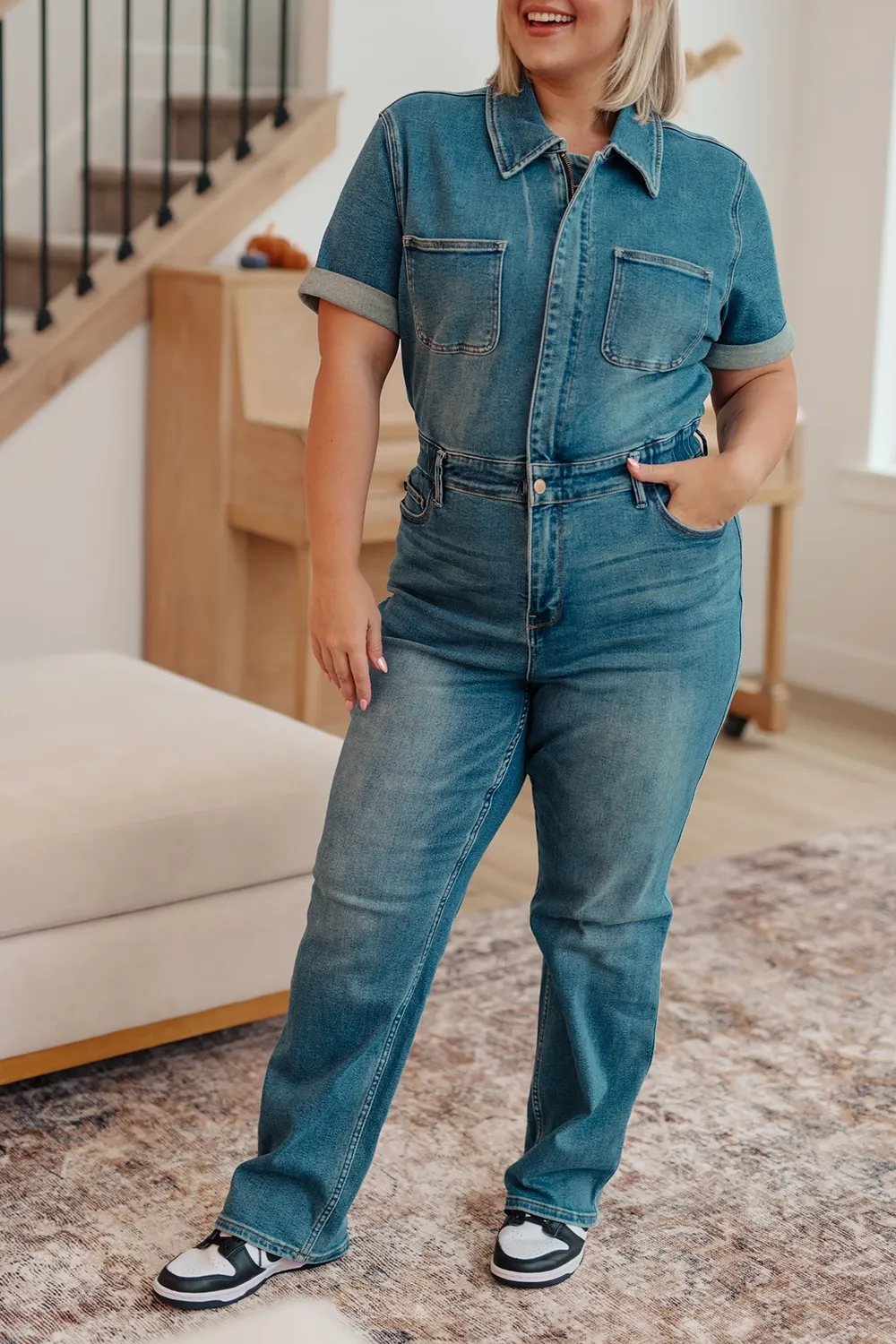 Blue Classic Minimalist Zipper Slim-Fit Jumpsuit