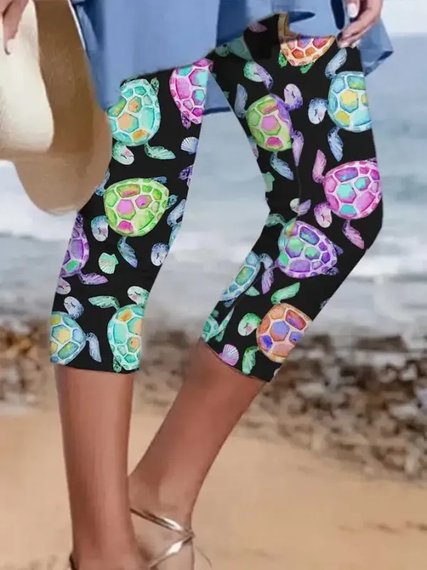 Vacation Watercolor Sea Turtle Print Leggings