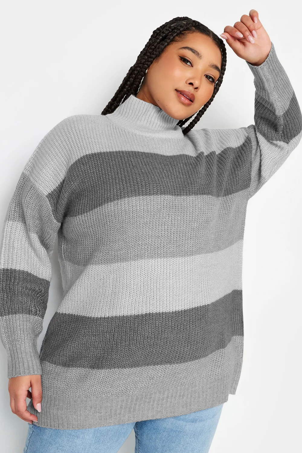 YOURS Curve Grey Stripe High Neck Knitted Jumper
