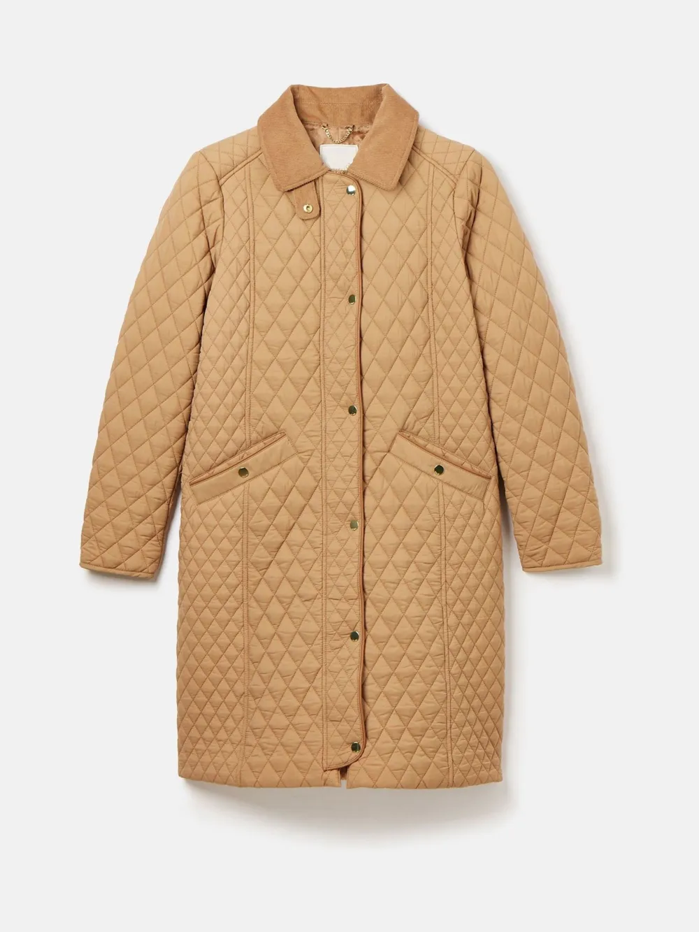 Tan Brown Showerproof Longline Diamond Quilted Coat