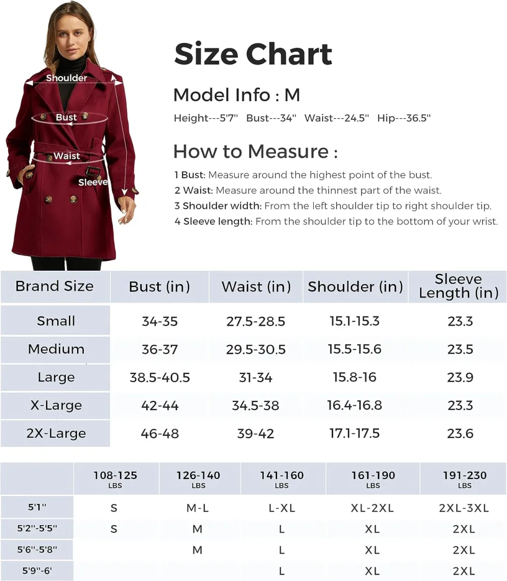 Women's Double Breasted Pea Coat Winter Mid-Long Trench Coat with Belt