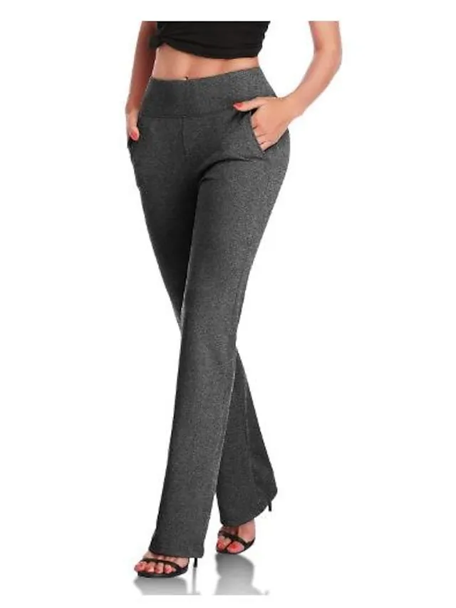 Women‘s Dress Work Casual Pants Trousers Straight Full Length Pocket Stretchy Trousers  Daily Black Wine S M