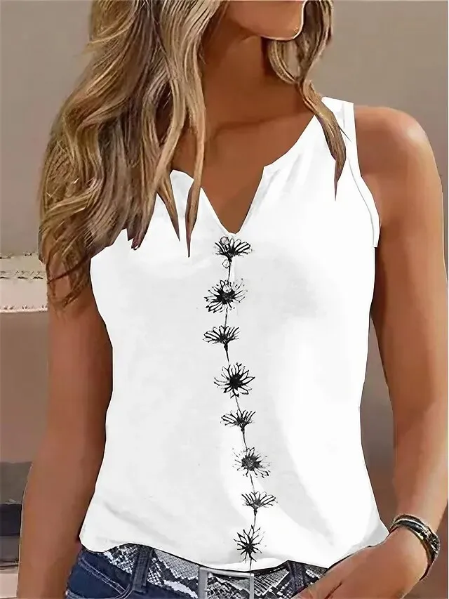 Women's Tank Top Black White Green Floral Print Sleeveless Casual Holiday Basic V Neck Regular Fit Floral