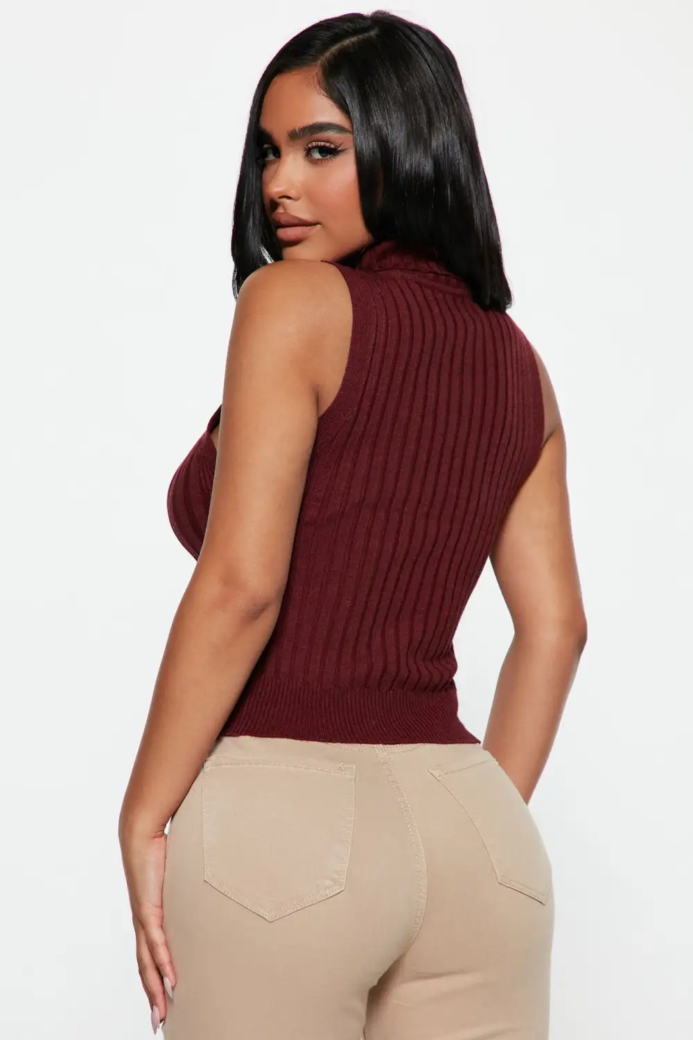 Tangled Up Ribbed Turtleneck Sweater Tank - Burgundy