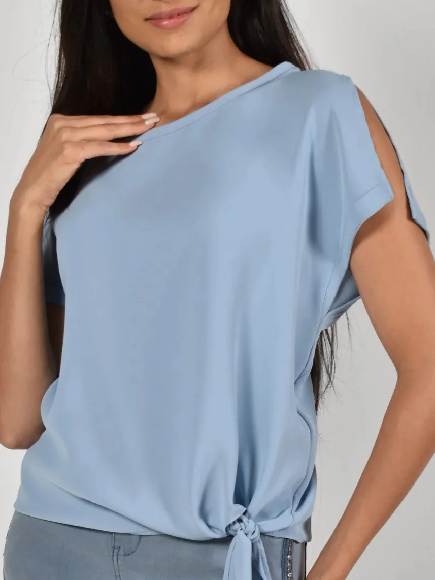 Sky Blue Cold - Shoulder Tie - Front Blouse