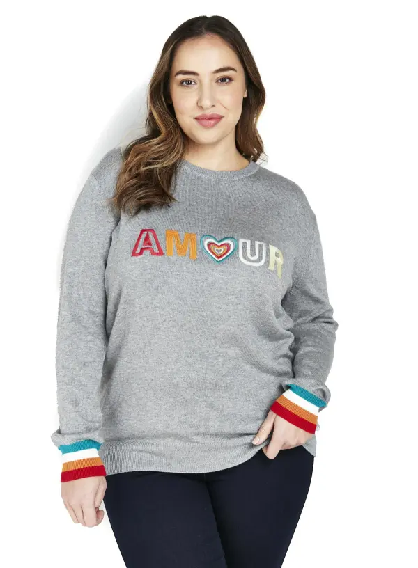 Evans Grey 'Amour' Embroidered Jumper