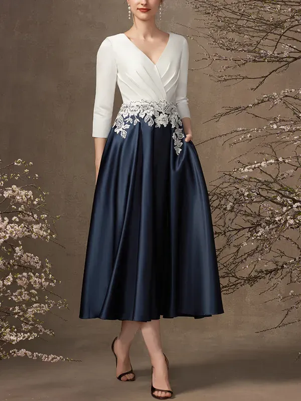 V Neck Tea Length Satin Bridal Mom Dress