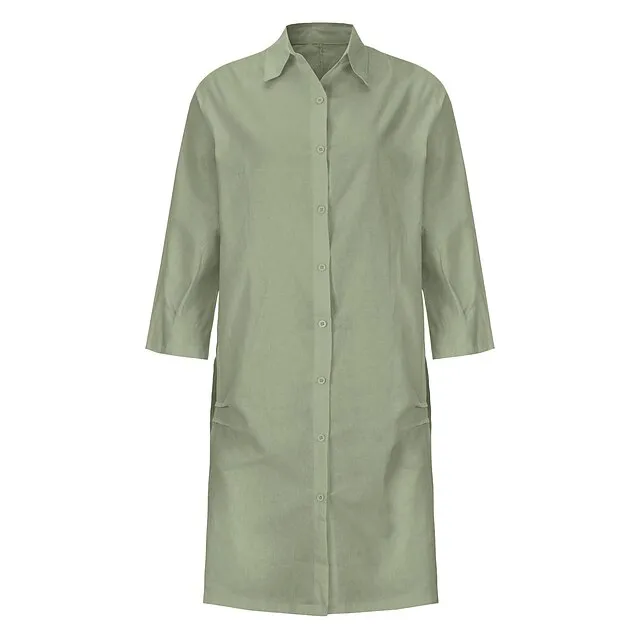 Women's Shirt Dress Casual Dress Cotton Linen Dress Midi Dress Cotton Blend Simple Basic Home Street Daily Shirt Collar Pocket Long Sleeve Summer Spring Fall 2023 Loose Fit Black White Yellow Pure