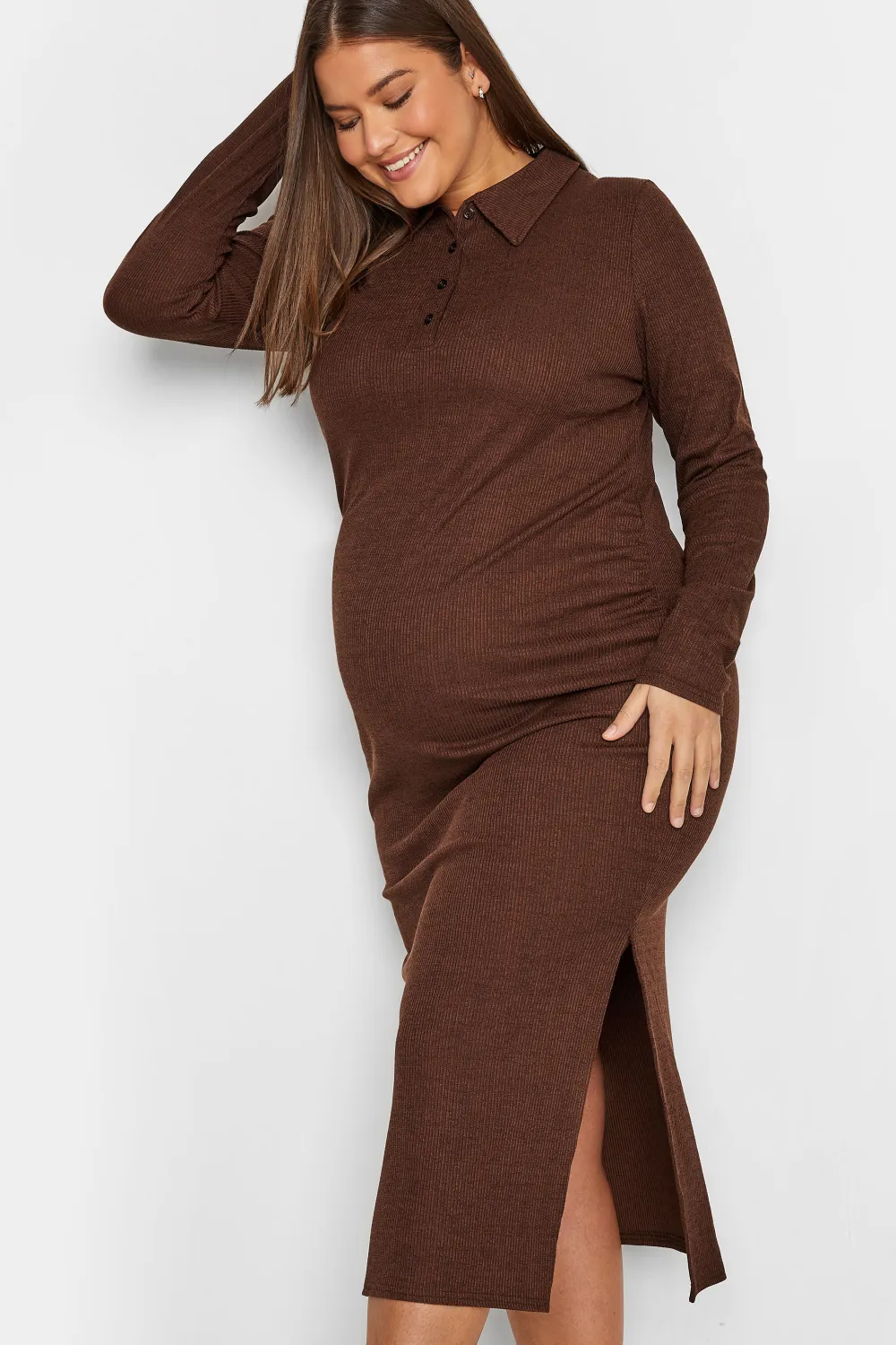 LTS Tall Maternity Brown Ribbed Polo Midi Dress