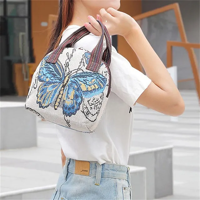 Women's Handbag Polyester Cotton Party Daily Zipper Large Capacity Breathable Durable Folk Blue butterfly Yellow Elephant Black elephant