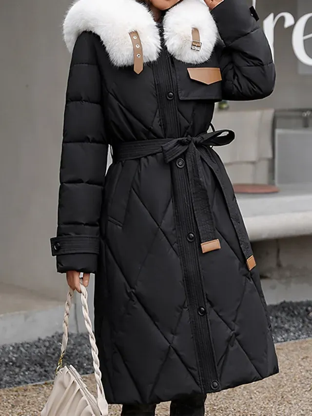 Women's Parka Warm Long Puffer Jacket Zipper with Fur Collar Hood Winter Outdoor Street Daily Wear with Pocket Vacation Modern Casual Plain Regular Fit Outerwear Long Sleeve Fall Black White Khaki