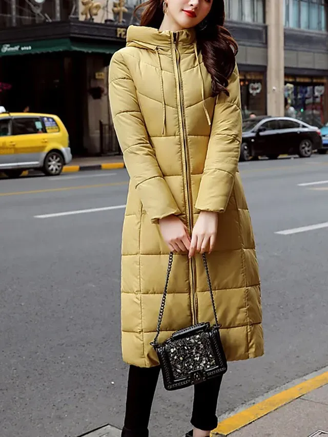 Women's Puffer Jacket Parka Outdoor Street Daily Winter Fall Long Coat Regular Fit Warm Breathable Jacket Long Sleeve Solid Color Green Black Dark Green / Going out