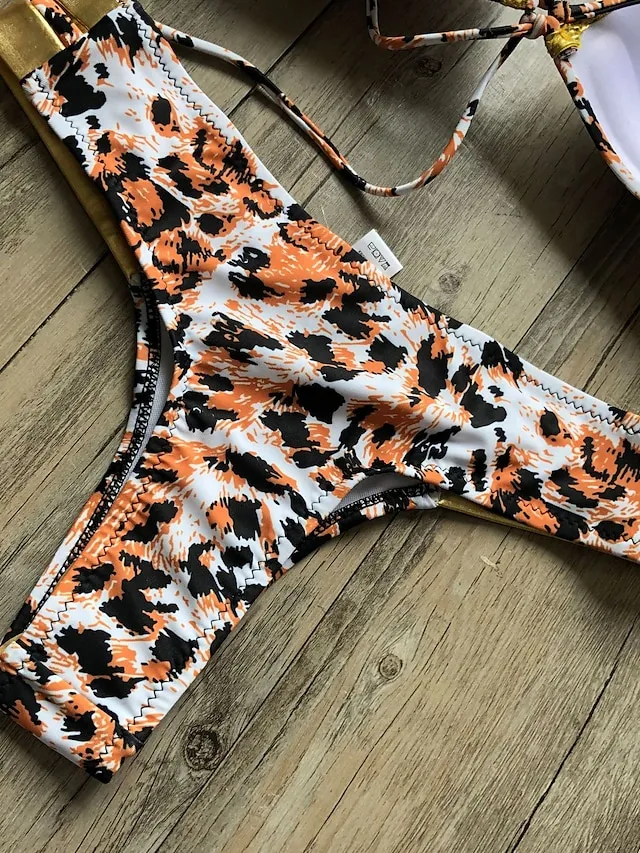 Women's Swimwear Bikini 2 Piece Normal Swimsuit Open Back Cut Out Sexy Leopard Color Block Leopard Print Black Pink Wine Dusty Rose Camisole Strap Bathing Suits New Vacation Sexy