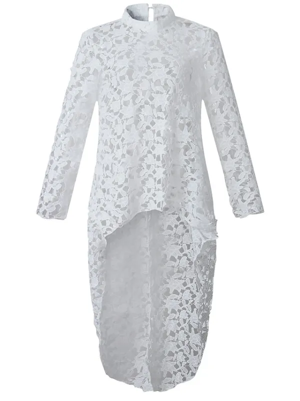 Women's Shirt Blouse Tunic Black White Yellow Plain Lace See Through Long Sleeve Casual Going out Elegant Round Neck Long Slim S