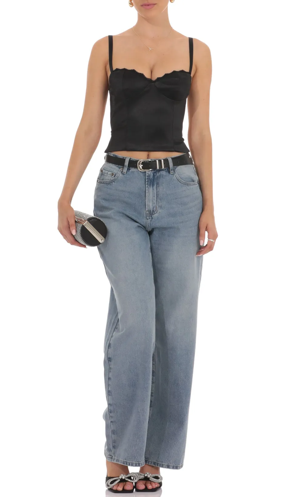 Satin Open Back Tie Top in Black