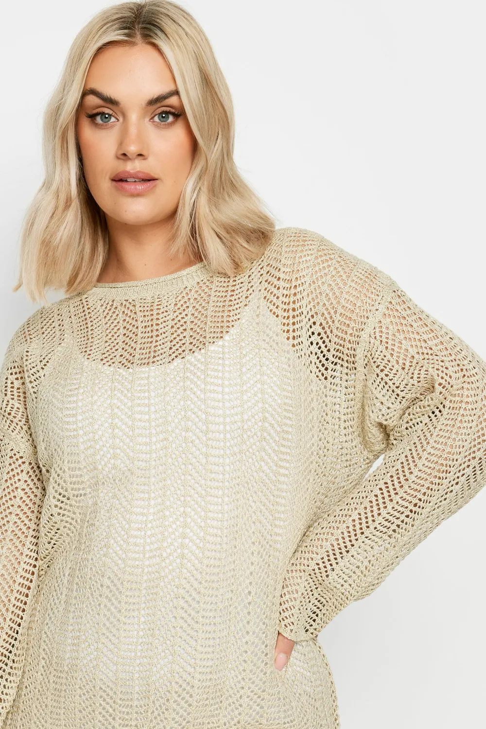 YOURS Curve Natural Brown Metallic Crochet Jumper