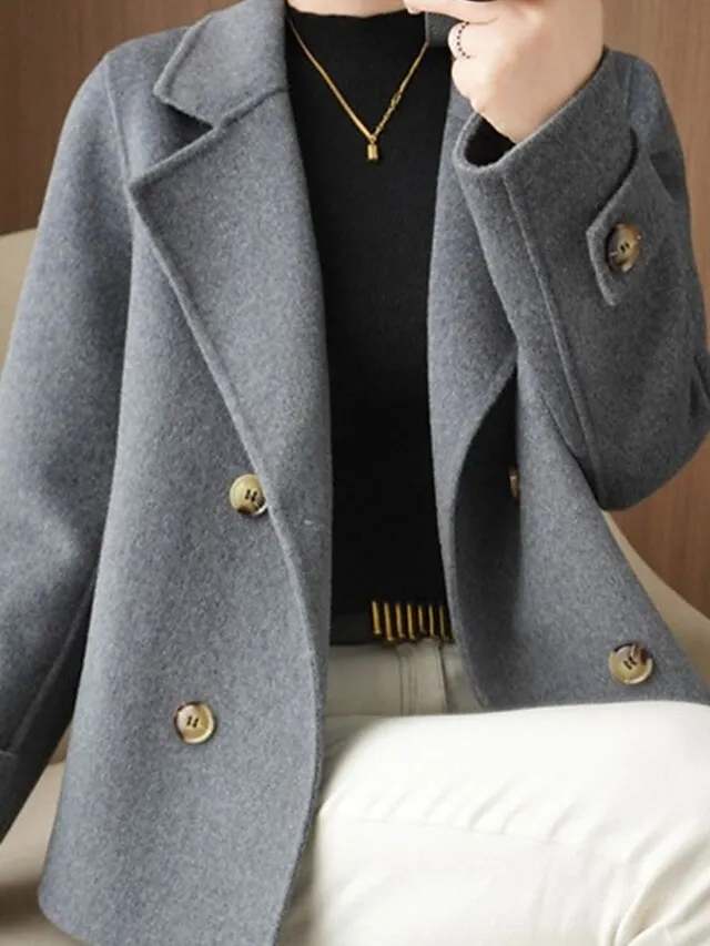 Women's Winter Blazer Coat Fall Double Breasted Lapel Jacket Wool Blend Short Coat with Pockets Warm Black White Camel