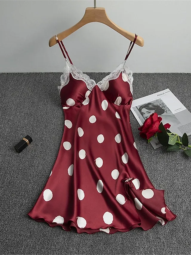 Women's Pajamas Nightgown Nightshirt Dress Dot Pure Color Simple Casual Soft Home Daily Bed Satin Breathable Straps Sleeveless Backless Chest pads Summer Spring Black White