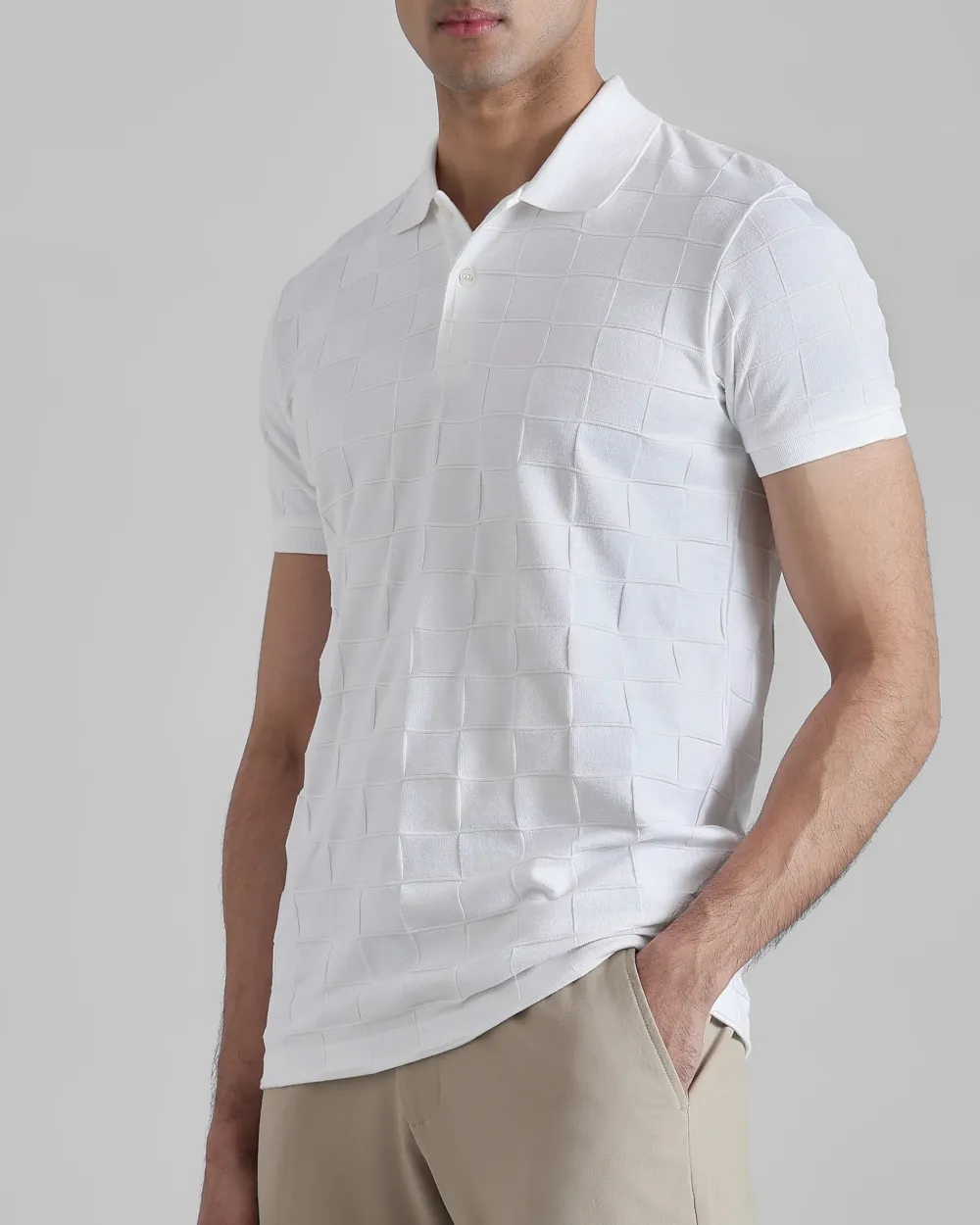 Casual Minimalist White Plaid Texture Polo Shirt