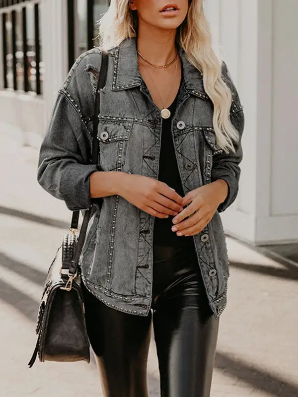 Distressed Studded Rip Denim Jacket