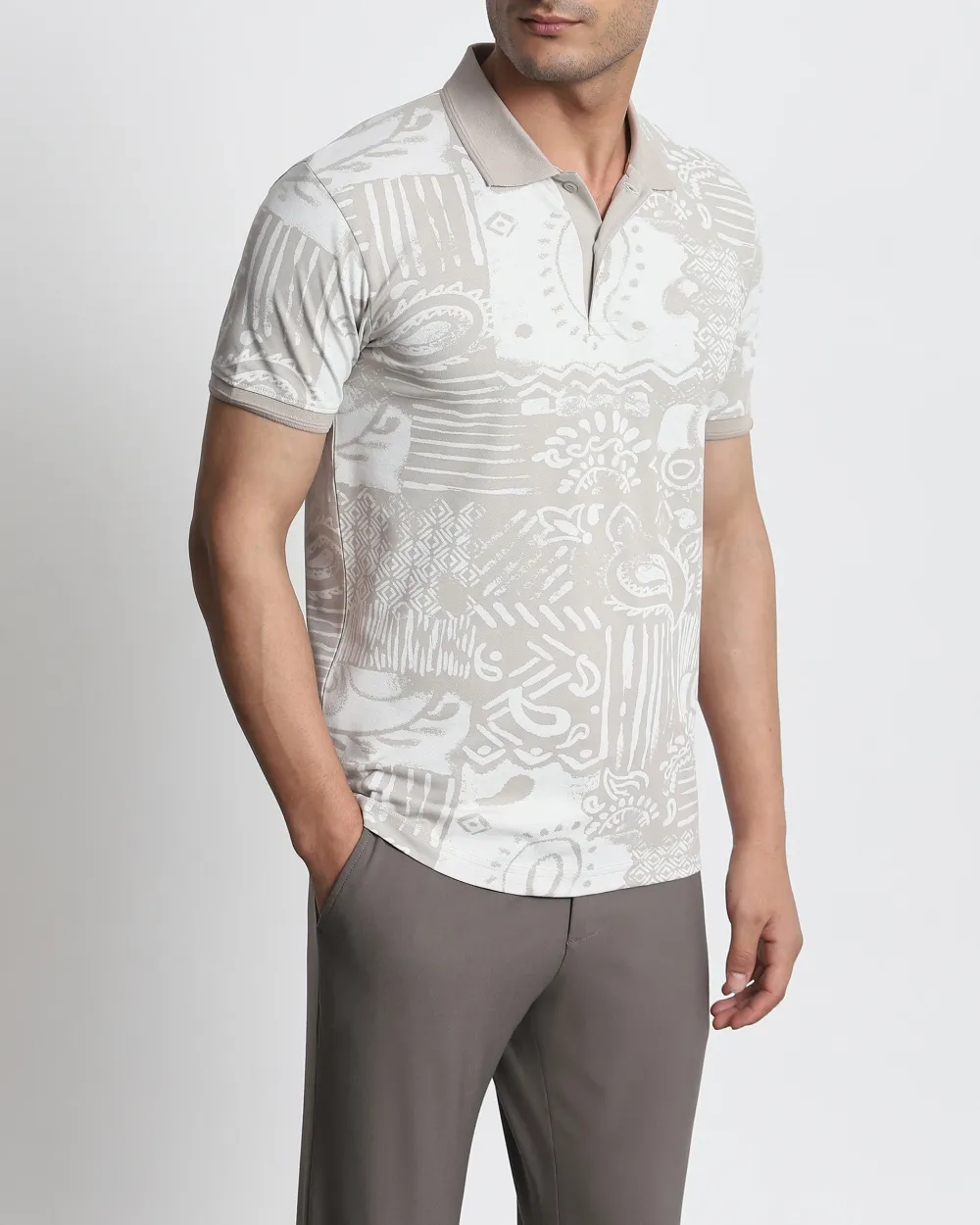 Daily Simple And Slimming Grey Abstract Print Polo Shirt