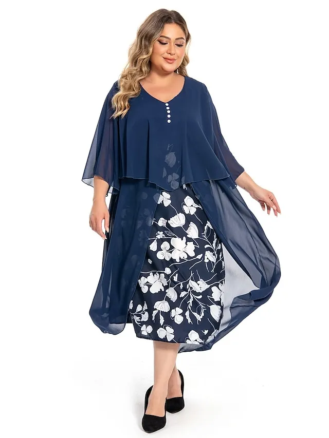 Women‘s Plus Size Curve Work Dress Floral V Neck Ruched 3/4 Length Sleeve Spring Summer Work Elegant Midi Dress  Layered Formal Vacation Dress Wedding Guest Dress