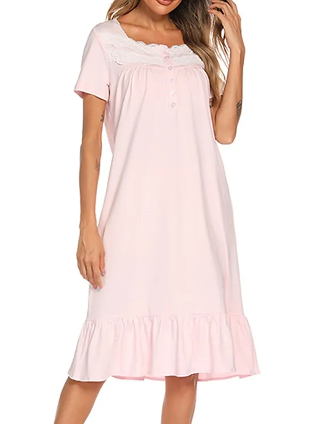 Women's Pajamas Nightgown Dress Pure Color Basic Simple Casual Home Daily Bed Cotton Breathable Square Neck Short Sleeve Dress Button Spring Summer White Pink