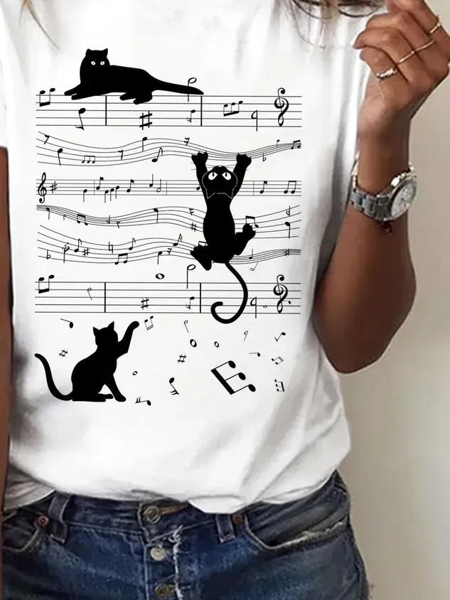 Katze Print T-Shirt Rundhals Lässig Urlaub&Täglich Noracora