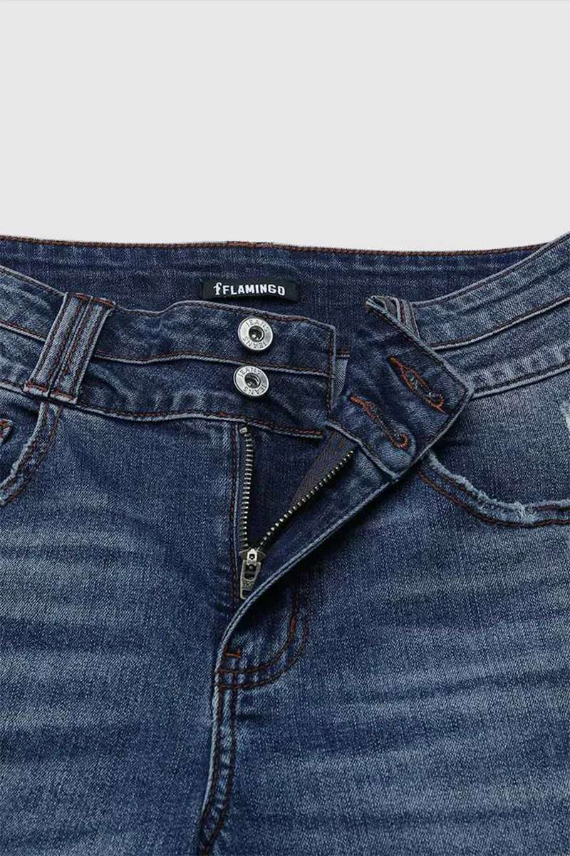 Dual Button Ripped Raw Hem High Rise Bootcut Jeans