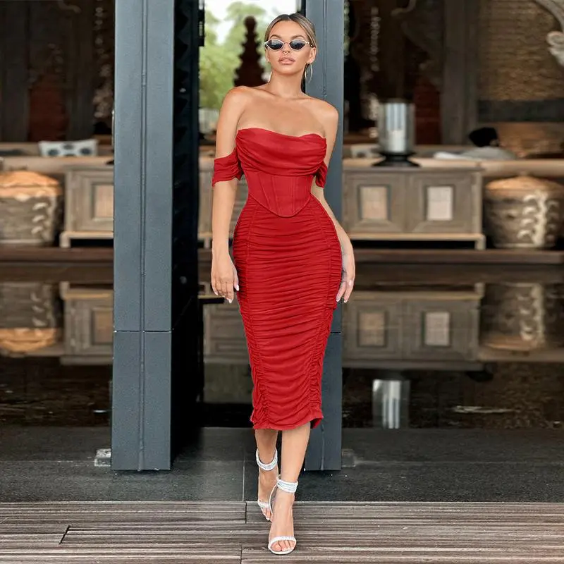 Women's Off The Shoulder Cocktail Midi Dress with Built-in Bra Ruched Bodycon Corset for Fall Homecoming Wedding Guest Formal Party - Sleeveless