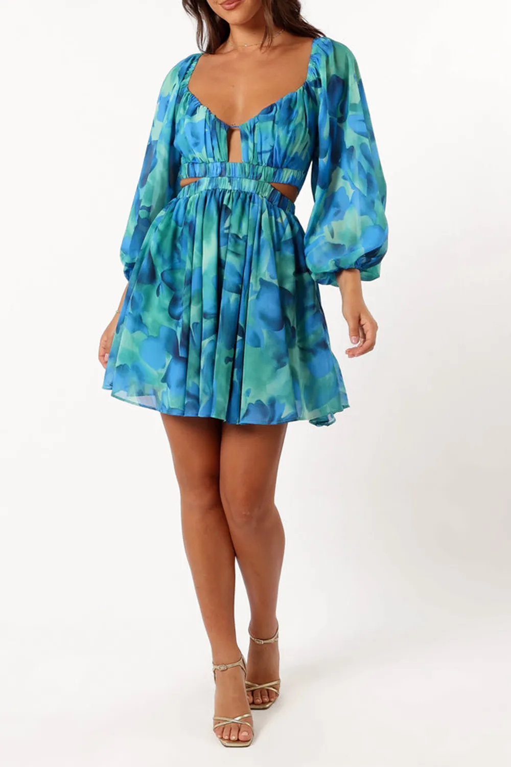 BLUE FLORAL LONG SLEEVE MINI DRESS