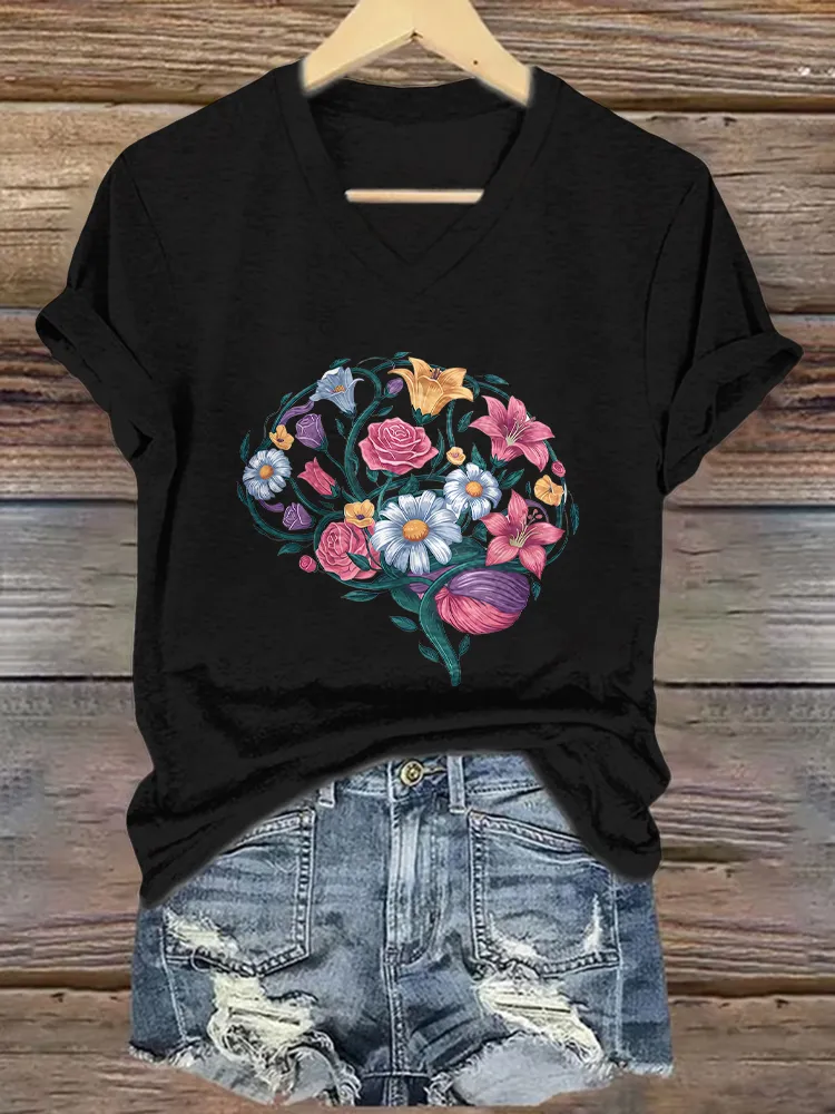 Women'S Flower-Printed Alzheimer'S Awareness V-Neck T-Shirt