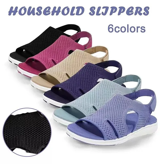 Women's Sandals Flat Sandals Plus Size Daily Beach Flat Heel Open Toe Elegant Casual Minimalism Mesh Magic Tape Solid Color Light Blue Purple / Blue Black