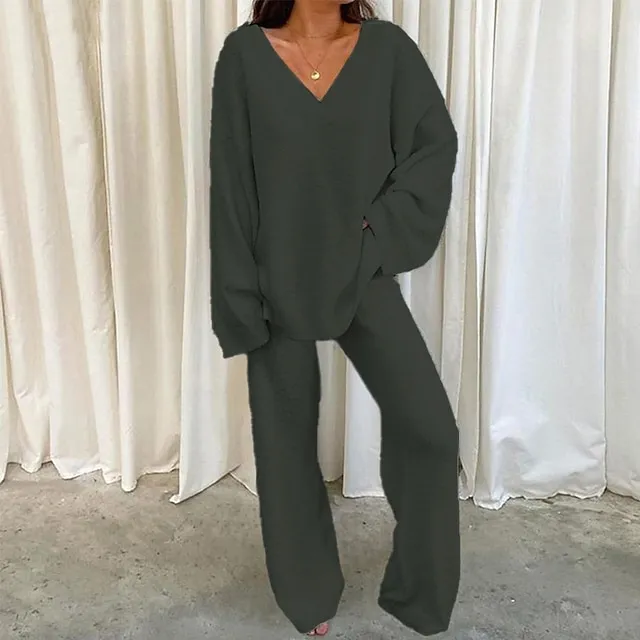 Women's Fleece Lounge Sets 2 Pieces Solid Color Fluffy Fuzzy Warm Pajama V Neck Long Sleeve for Fall Winter White S 3XL