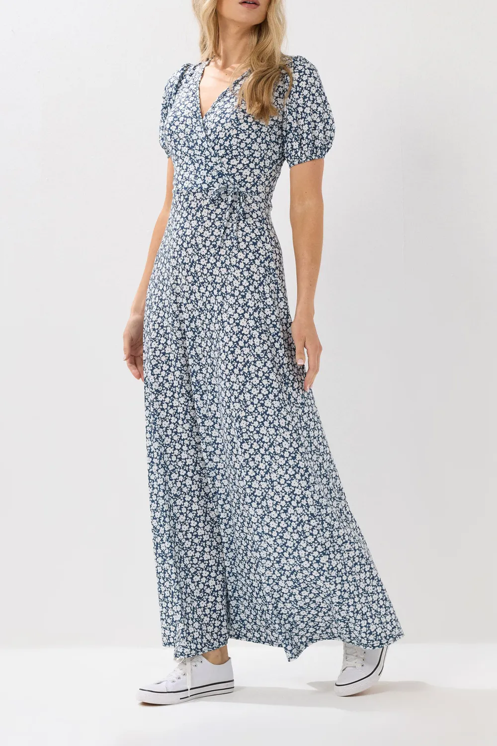 Navy Blue Ditsy Floral Print V-neck Dress