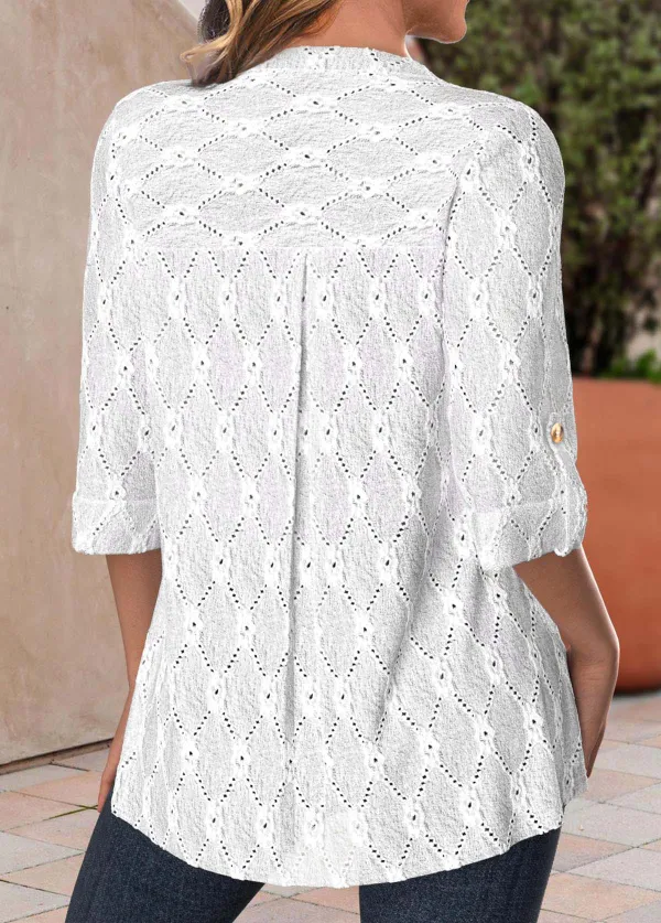 White Textured Fabric 3/4 Sleeve Split Neck Blouse