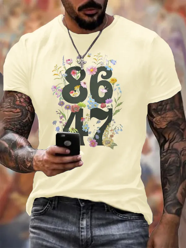 Men'S T-Shirt Men'S Vintage Flower 86 47 Printed T-Shirt Digital Flower Print Pure Cotton Short Sleeve
