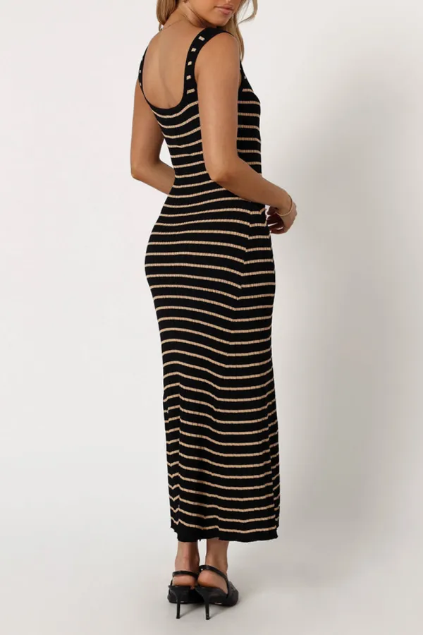 BLACK BEIGE STRIPED MIDI DRESS