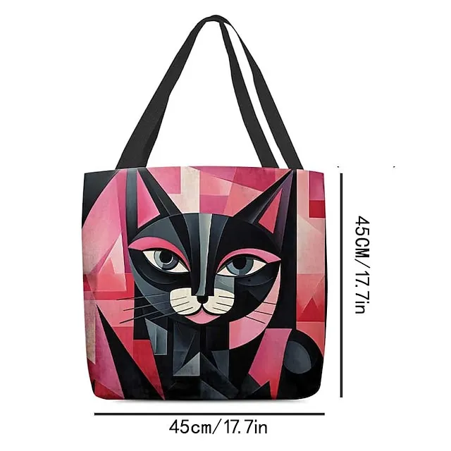 Women's Tote Shoulder Bag Canvas Tote Bag Polyester Oxford Cloth Shopping Holiday Print Large Capacity Foldable Lightweight Cat Black / Red Custom Print Light Pink