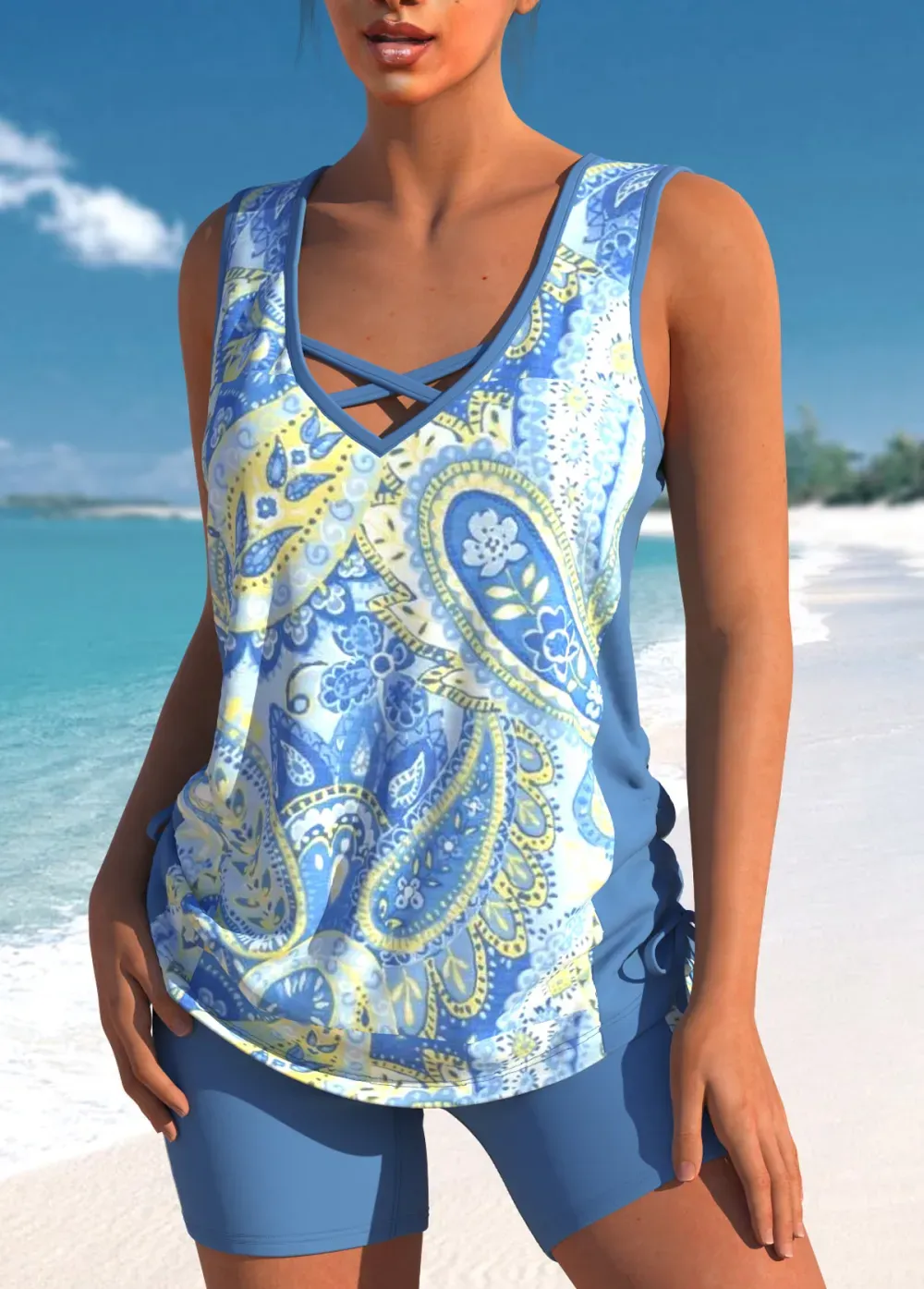 Floral Print Black Cross Strap Tankini Set