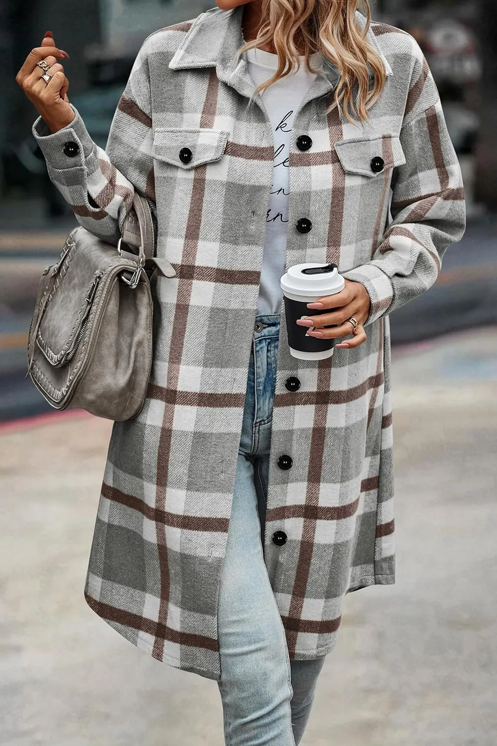 Women's Plaid Shacket 2023 Long Sleeve Button Up Flannel Shirt Winter Tartan Jacket Woolen Coats