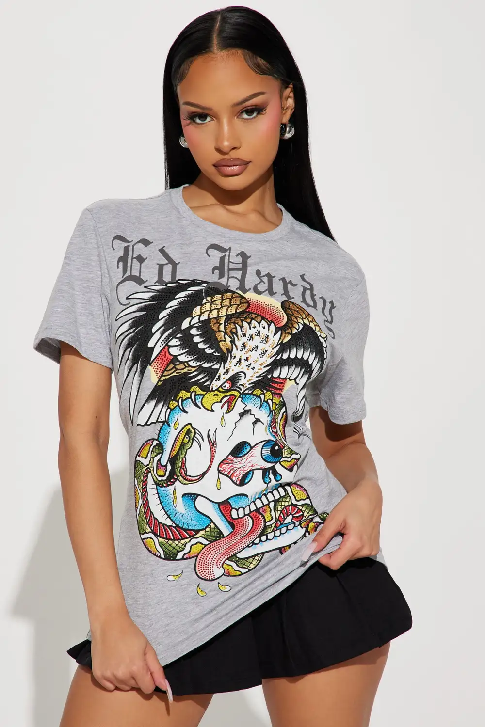 Ed Hardy Eagles Rhinestone Tee - Heather Grey