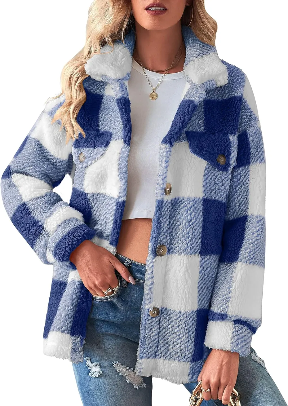 Women's Fleece Plaid Jacket Coats Button Down Lapel Sherpa Shacket Outwear with Pockets