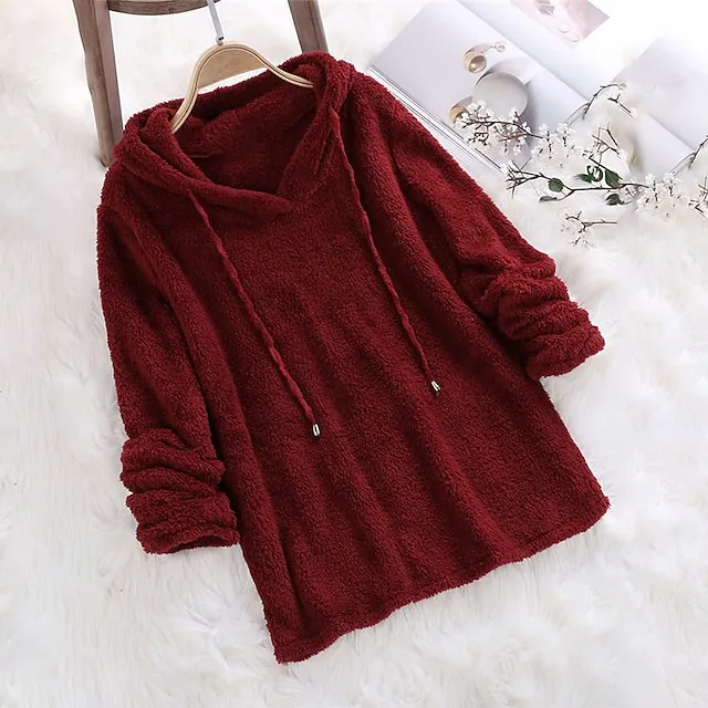 Women's Plus Size Loungewear Top Fluffy Pajama Fuzzy Pure Color Warm Simple Plush Home Daily Vacation Fleece Hoodie Long Sleeve Fall Winter Black White