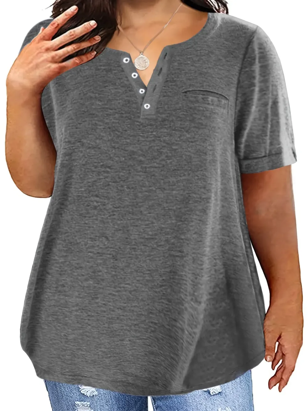 Plus Size Button Front Short Sleeve T-shirt, Women's Plus Slight Stretch Casual Tee
